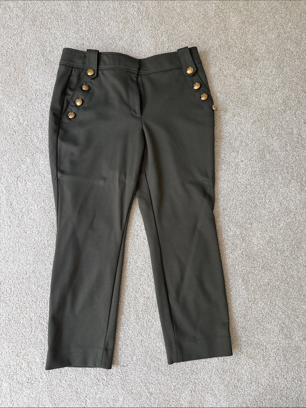 White House Black Market Olive Green Dress Pants with Gold Accents